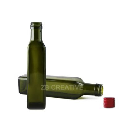 গুণমান 250ml Square Marasca Glass Bottle with 31.5mm Screw Finish and 260g Reinforced Weight in Antique Green UV Barrier Glass কারখানা